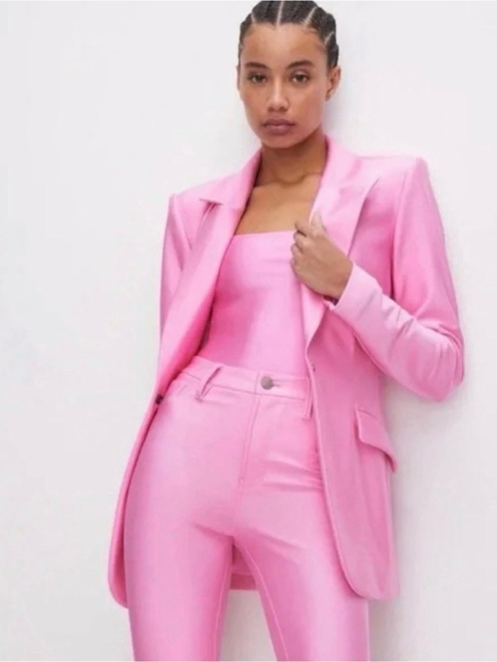 Good American Shine Compressiom Pink Single-Button Blazer in Sorority Pink
